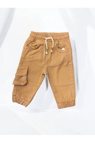 Erkek Bebek Kargo Cepli Beli Paçası Lastikli Dokuma Pantolon-14877 Kahverengi