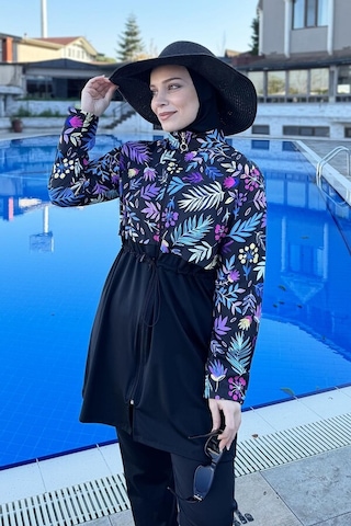 Hmm Swimwear Tam Kapalı Dokuma Tesettür Mayo T244-249 Siyah