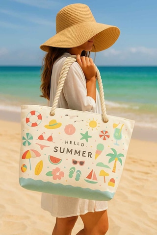 Prendi Home Hello Summer Desenli Büyük Boy Piknik Ve Plaj Çantası Halat Saplı 55x36x15 Cm Çok Renkli