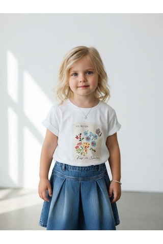 Zekids Kız Bebek Çiçek Baskılı Kısa Kollu T-shirt-16935 Beyaz