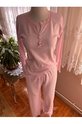 Dantel Yaka Detaylı Pamuklu Penye Kumaş Pijama Takımı Açık Pembe