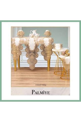 Bşkvirgo Salon Takımı Çeyizlik Palmiye Model Krem-kapiçino 5 Parça Keten Runner Seti Bsk2026