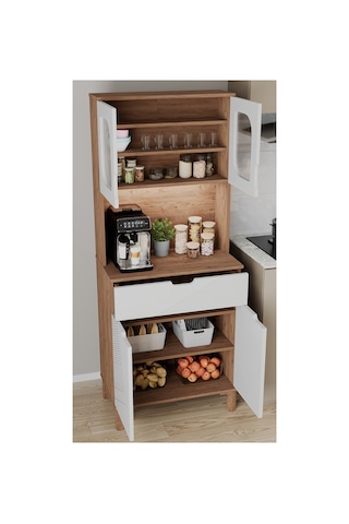 Ae-9001 Barista Atlantik Çam/beyaz Çok Amaçlı Kahve Köşesi Mutfak Kiler Dolabı Cam Kapaklı Ledli Çekmeceli 79,6 X 40 X 195,8 Cm Aekatyae009001çb Atlantik Çam - Beyaz