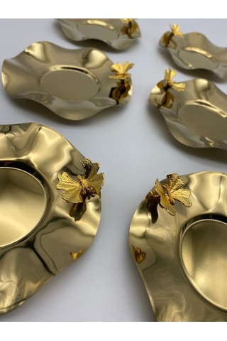6'lı Kelebekli Gold Dalgalı Model Paslanmaz Çelik Çay Tabağı, Fincan Ve Kupa Altlığı Gold