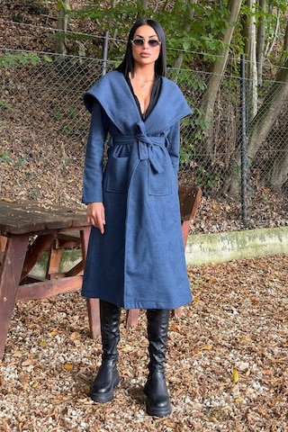 İndigo Kruvaze Yaka, Kapüşonlu, Çift Cepli, Beli Kemerli, Uzun Kaşe Kaban Astarsız İndigo