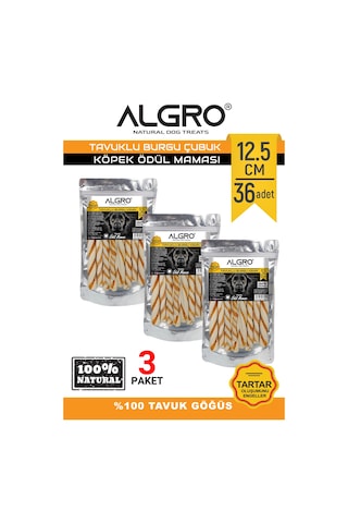Algro Tavuk Göğüs Etli Burgu Çubuk Sığır Derisi 12.5 CM 3 x 12'li