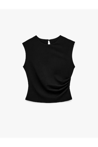 Koton Krep Scuba Kumaş Slim Fit Bisiklet Yaka Kolsuz Drape Detaylı Bluz Siyah 6sak10005ek Siyah
