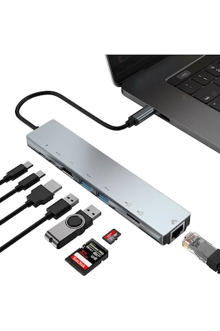 Apple MacBook Uyumlu Air 13.6 Inç A2681 M2 - A3113 M3 Işlemcili Ethernet Usb Typec Hdmı Girişili Çevirici 8in1 Metal