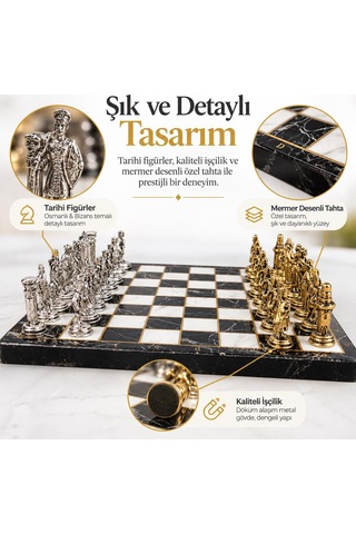Lüks Metal Satranç Takımı Osmanlı Bizans Figürlü Krom Siyah Mermer Desenli 20x20 Premium Hediye Seti
