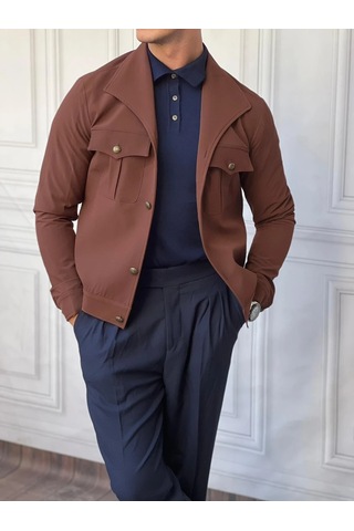 Modefendi Slimfit Kalıp Pamuklu Kayık Yaka Mont Kahverengi