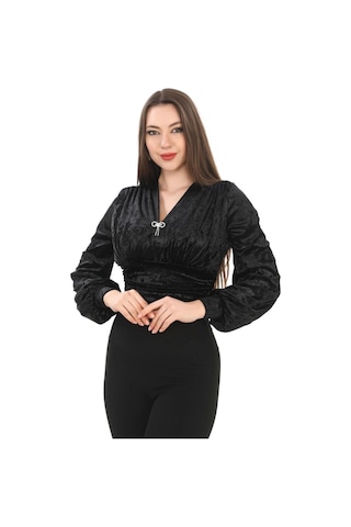 Lodmela Broş Detaylı Kadife Crop 6007-siyah Siyah