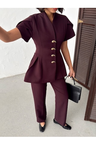 Modadua Gold Düğme Detaylı Peplum Kesim Şık Kadın Takım Mürdüm