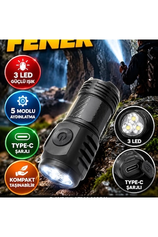 3 Led Mini El Feneri 5 Modlu Type-c Şarjlı Kompakt Aydınlatma