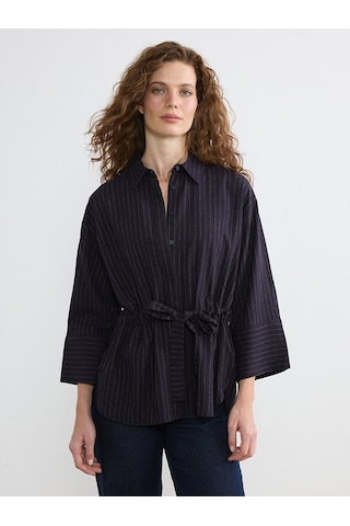 Lcw Everyday Lacivert Çizgili Bağlamalı Oversize Kadın Gömlek