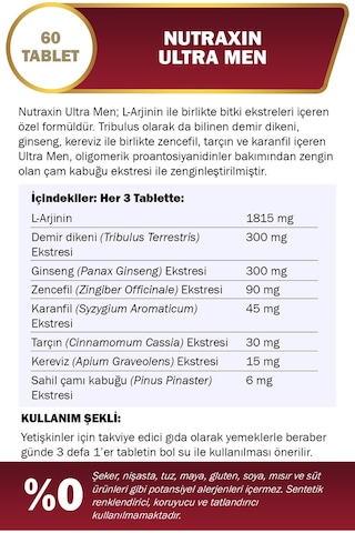 Nutraxin Ultra Men 60 Tablet - L-Arjinin, Ginseng, Zencefil, Demir dikeni, Tarçın
