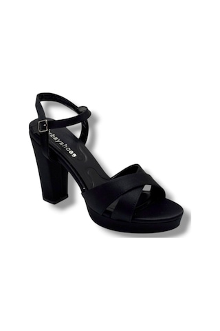 Erbay 308-26 Parlak Saten Çapraz Bant Kalın Topuk Kadın Sandalet 11cm Siyah