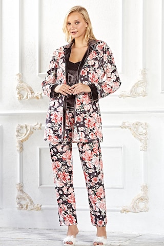Kadife Sabahlıklı Askılı Pijama Takım Zarif Şık 3lü Set Özel Günler Flz 31-99 Desenli