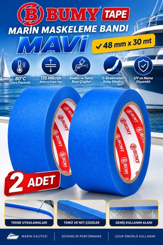 2 Adet Mavi Maskeleme Bandı 48 Mm X 30 Metre Marin Boya Bantı Isıya Dayanıklı Bant Kağıt Bantları