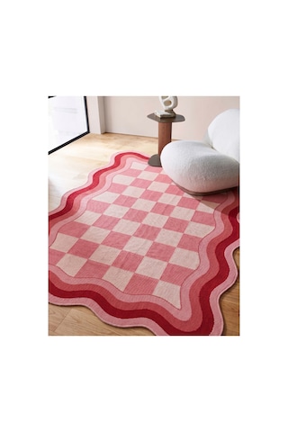Sdt Retro Damalı Ve Dalgalı Pembe - Krem Dokuma Taban Dekoratif Halı Sdt690 Çok Renkli