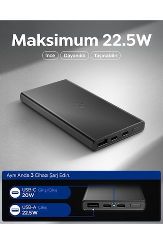 Spigen 10000 Mah Slim Alüminyum Kasa 22,5w Usb-c + Usb-a Giriş / Çıkış Hızlı Şarj 3 Portlu Powerbank / 1 Metre Type-c Harici Kablolu Taşınabilir Şarj Cihazı + Taşıma Çantası Ea2210 Black Siyah