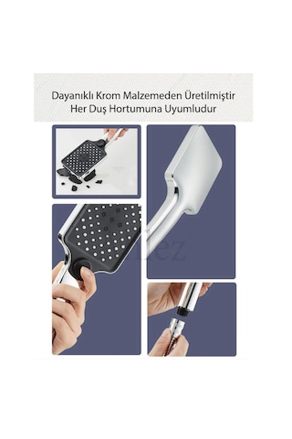 Kare 3 Fonksiyonlu Yüksek Basınçlı Ayarlanabilir Duş Başlığı Krom