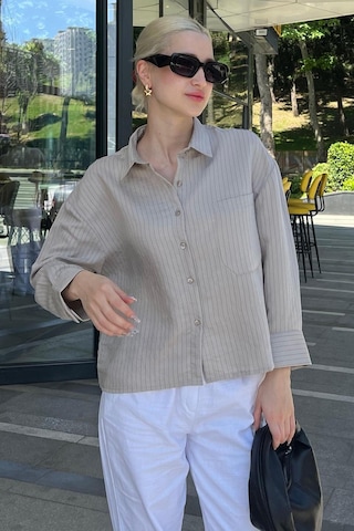 Madmext Gri Çizgili Oversize Kadın Gömlek Mg2093-gri Gri