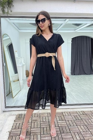 Neşeli Butik Kadın Siyah Hasır Kemerli Dantel Elbise Dk0001 Siyah