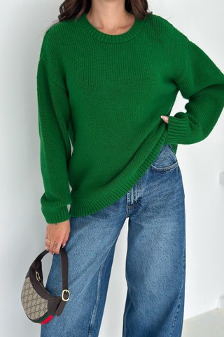 Femelle Yeşil Kadın Oversize Basic Triko Kazak - Standart Beden