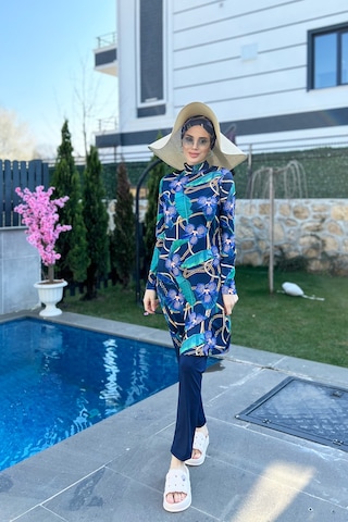 Remsa Mayo Liralı Tam Kapalı Tesettür Mayo Zincir Orkide R058 Zişan Lacivert