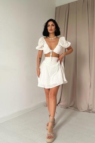 Ekru Brode Crop Ve Mini Etek Takım Ekru