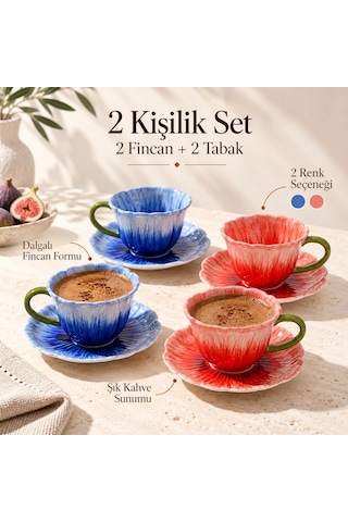 2 Kişilik Porselen Kahve Fincan Seti Dalgalı 2 Fincan 2 Tabak,mavi Çok Renkli