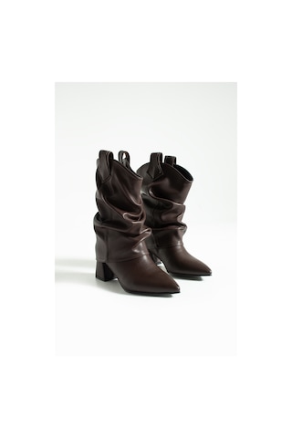 Duxal Shoes Kai Western Tarzı Büzgülü Detaylı Topuklu Çizme Bot Acıkahve