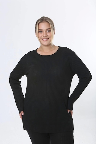 Modasehle Büyük Beden Uzun Kollu Yüksek Bel Beli Lastikli Yırtmaçlı Pijama Takım Siyah Uzunkol