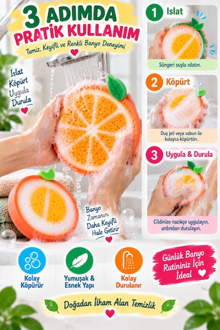 2'li Meyve Şekilli Banyo Süngeri Şeftali Portakal Bebek Çocuk Yıkama Duş Süngeri Yumuşak Sünger Seti