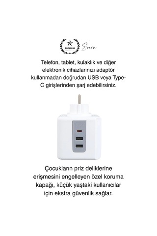 Premium 3'lü Duvar Çocuk Ve Akım Korumalı Isıya Dayanıklı Çoklu Küp Priz Usb Type-c Girişli Topraklı Diğer