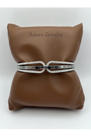 Arnes Jewelry Çelik Silver Roma Rakamlı Kelepçe Bileklik Ar10 Silver