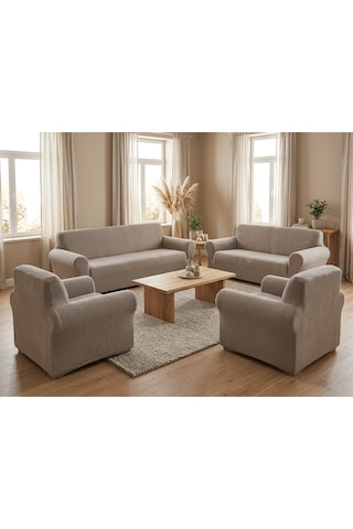 Bohem Likralı Koltuk Örtüsü Takımı 3+3+1+1 Yumuşak Dokulu Esnek Modern Desenli Koltuk Kılıfı Kakao