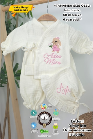 Gros Shop Müslin Yeni Doğan 4katlı Organik %100pamuk Kişiye Özgü Nakışlı Hastane Çıkış Seti Tavşan Modell-2 Ekru