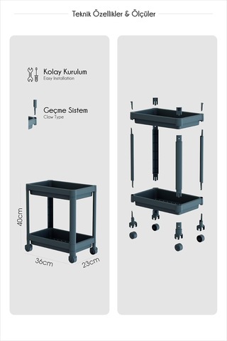 2 Katlı Tekerlekli Düzenleyici, Banyo Rafı, Mutfak Tezgah Ve Eviye Altı Deterjanlık, Siyah Mk-om-mj-b-2-g