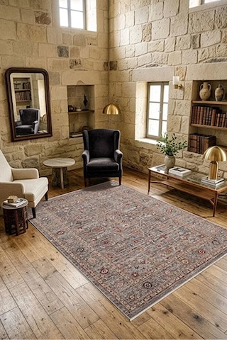 Renkli Vintage Modern Salon Koridor Yatak Ve Oturma Odası Halısı Gri