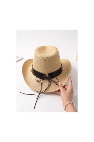Gigi Luxe Unisex Toka Detaylı Hasır Kovboy Şapkası Fötr Şapka Camel Camel