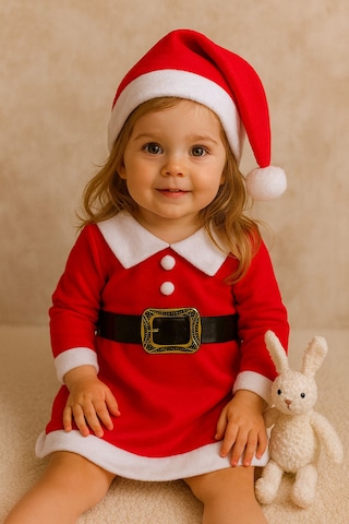 Kız Çocuk Yılbaşı Noel Temalı Kemerli Elbise Şapka Takımı Kırmızı