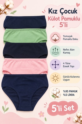 Nicoletta Kız Çocuk Külot 5 Li Paket Pamuklu Likralı - Cleve Çok Renkli
