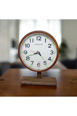 Time Gold Fosforlu Eskitme Ahşap Ayaklı Plastik Gövdeli Masa Saati Sessiz Akar Saniye Eskitme