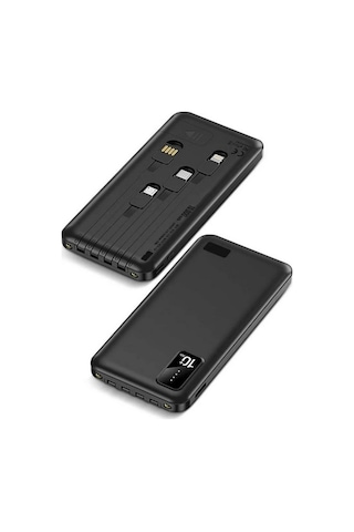 10.000 Mah Powerbank Dahili Çoklu Kablolu Taşınabilir Şarj Aleti Led Işıklı Güç Bankası Siyah