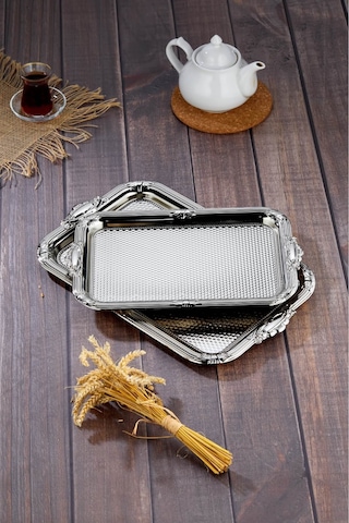 Cooker 2'li Metal Dikdörtgen Gümüş Sunum Tepsisi 43x30 Cm Ve 36x26 Cm Ckr3331 Diğer
