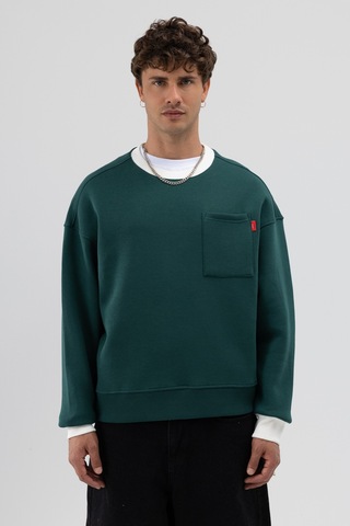 Vamos Bisiklet Yaka Cep Detaylı Oversize Sweatshirt Nefti