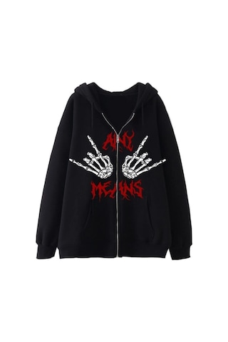 Tarzsokak Karanlık Gotik El Kemik Baskılı Fermuarlı Hoodie 14536 Siyah