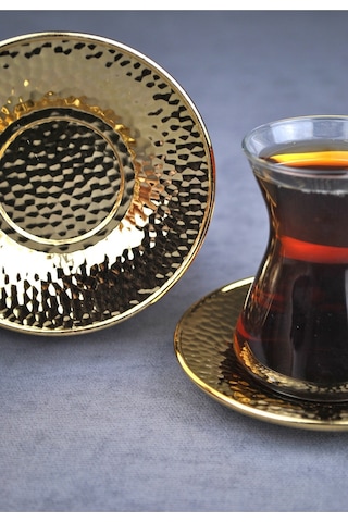 Qualitev 6 Adet Metal Çay Tabağı Dövme Desenli Çay Tabak 10 Cm Altın