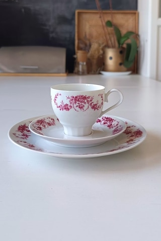 Edelstein 73 Pembe Gül Desenli Vintage Çay Fincanı Seti 3 Parça Pembeçiçek